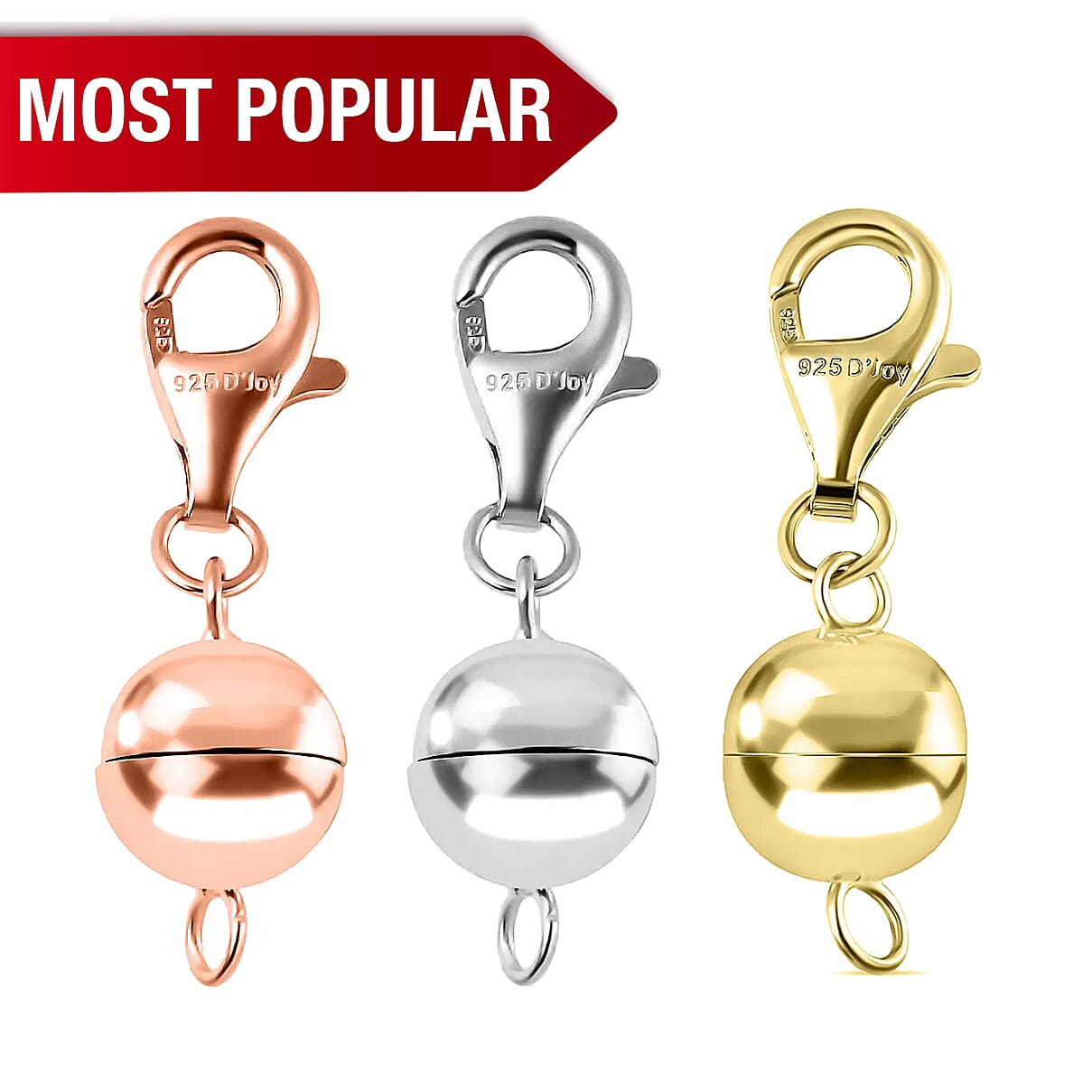 Set of 3 Sterling Silver Magnetic Clasps with Platinum Overlay, Sterling Silver Overlay and Rose Gold Overlay